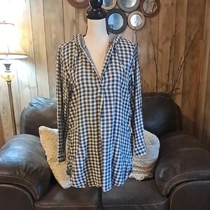 For Cynthia Beachwear Navy and White Plaid Button Cotton Swim Coverup w/ Pockets